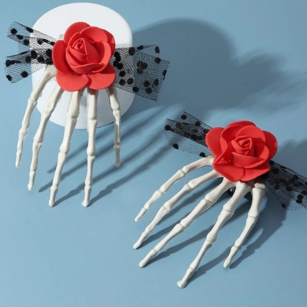 💀 Awesome Red Rose Ribbon Bow Skeleton Bone Band Hair Clips 💀